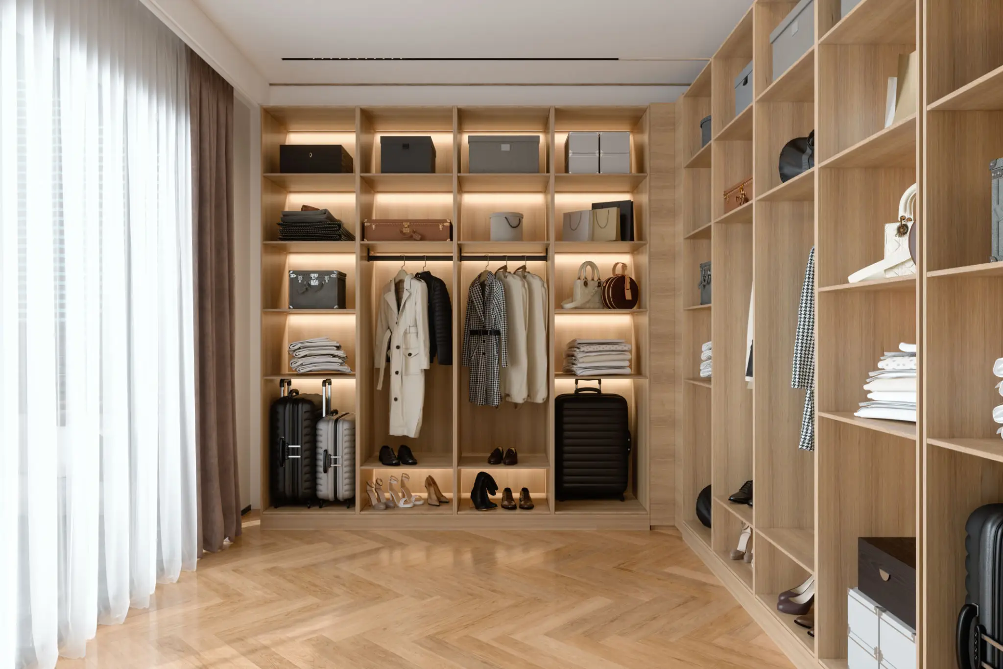 Walk-in closet with organized shelves and clothes.