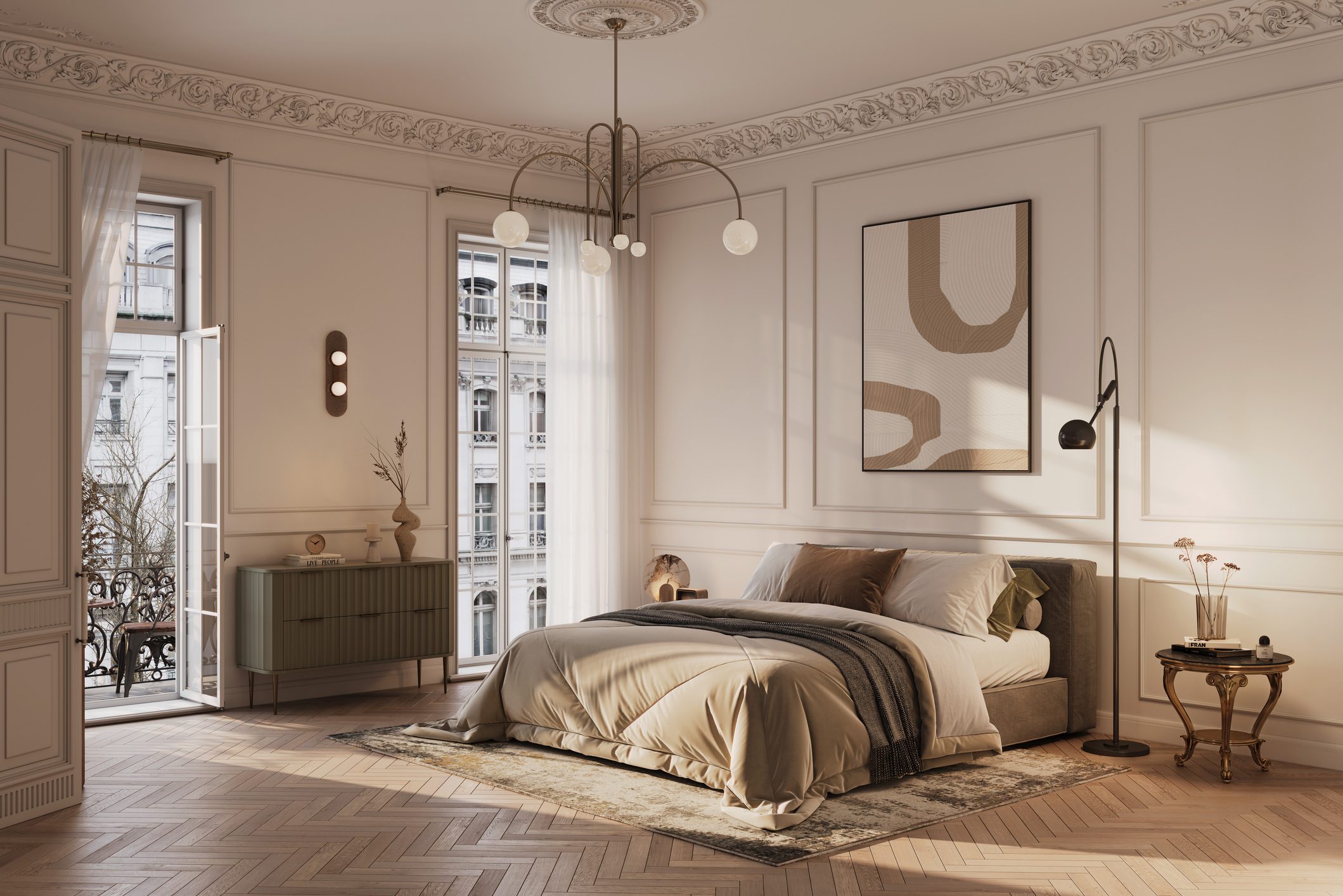 Elegant bedroom with modern decor and lighting.