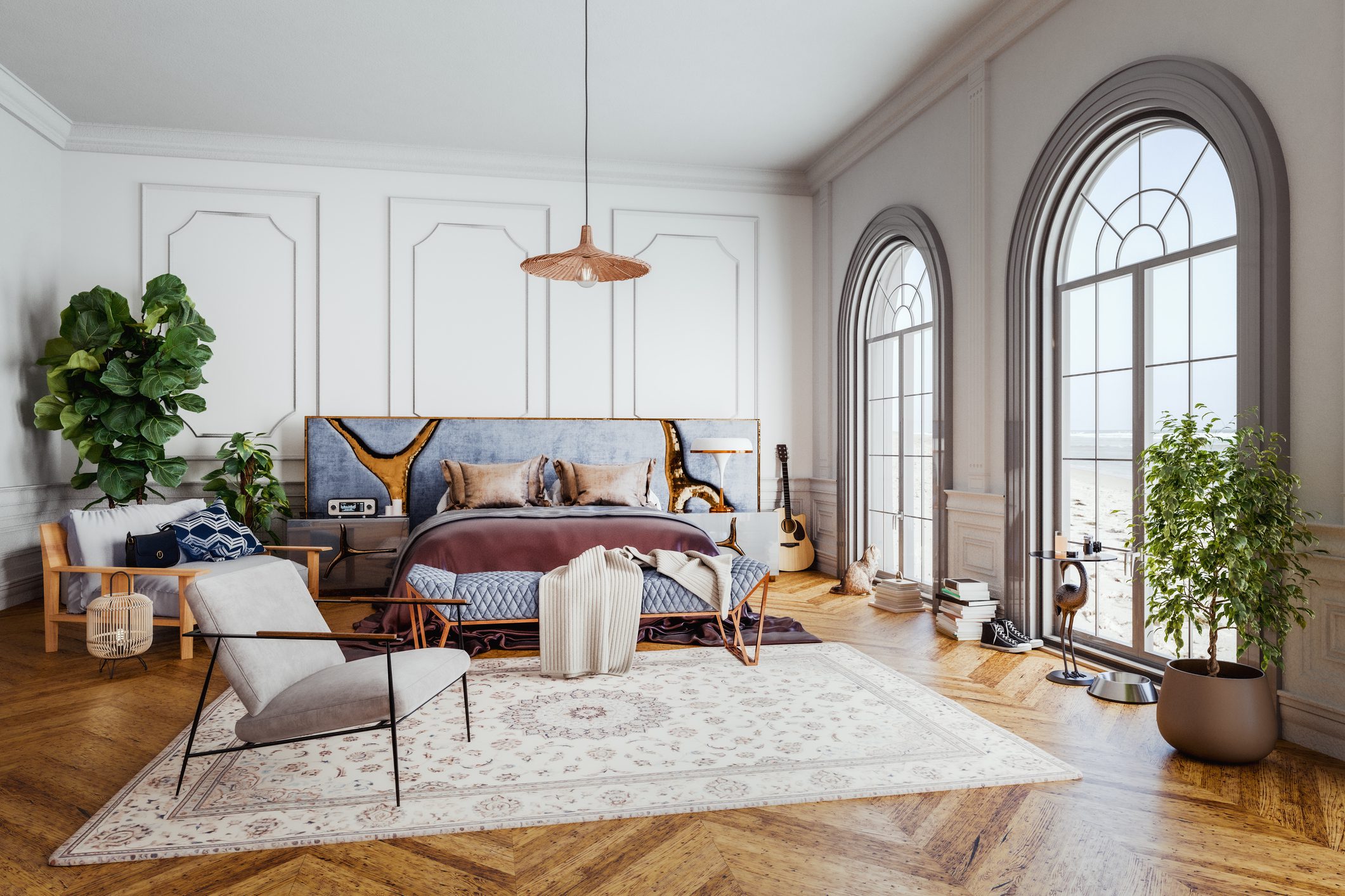 Elegant bedroom with large windows and plants.