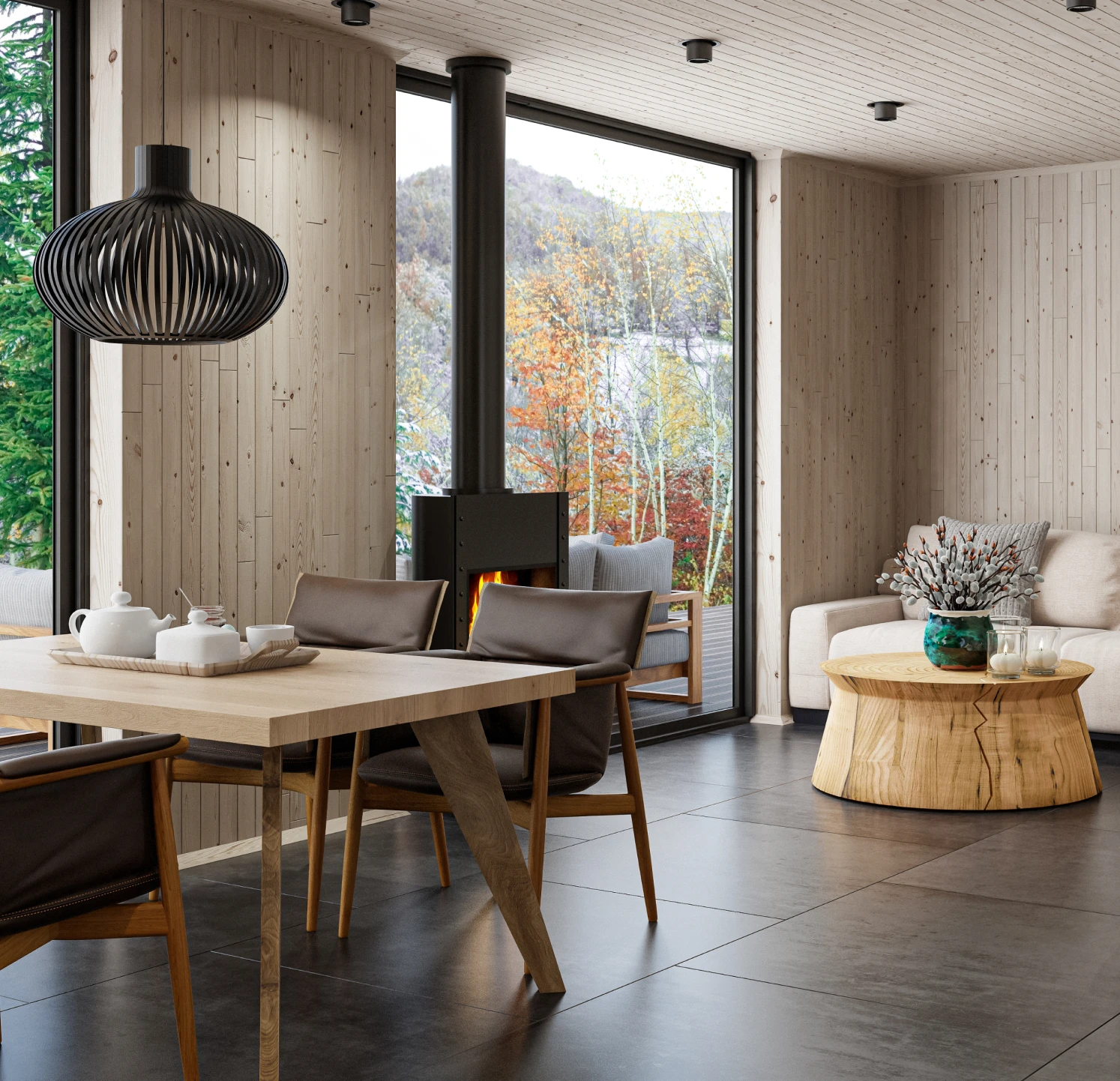 Modern cozy living room with large windows.
