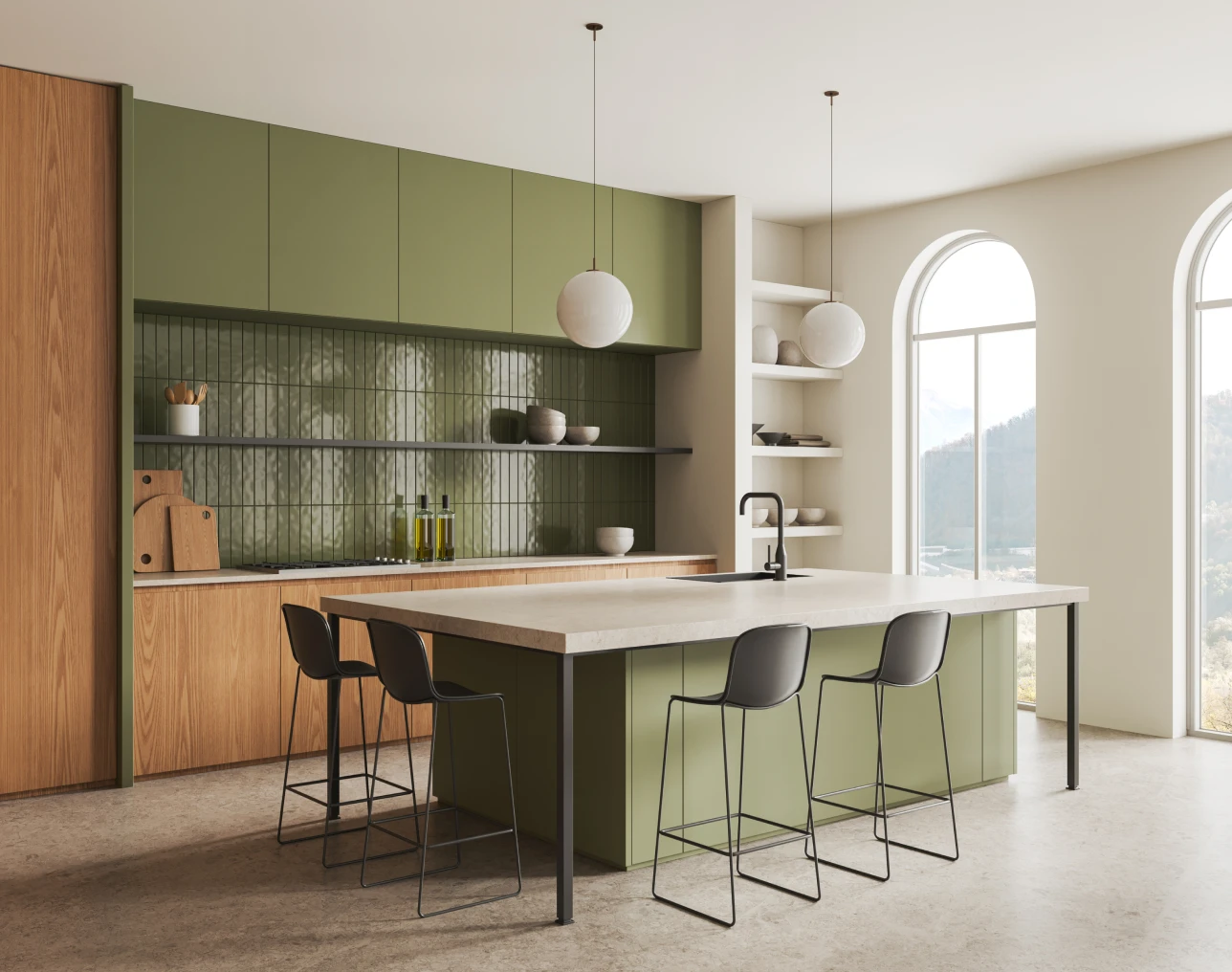 Modern kitchen with green cabinets and island.