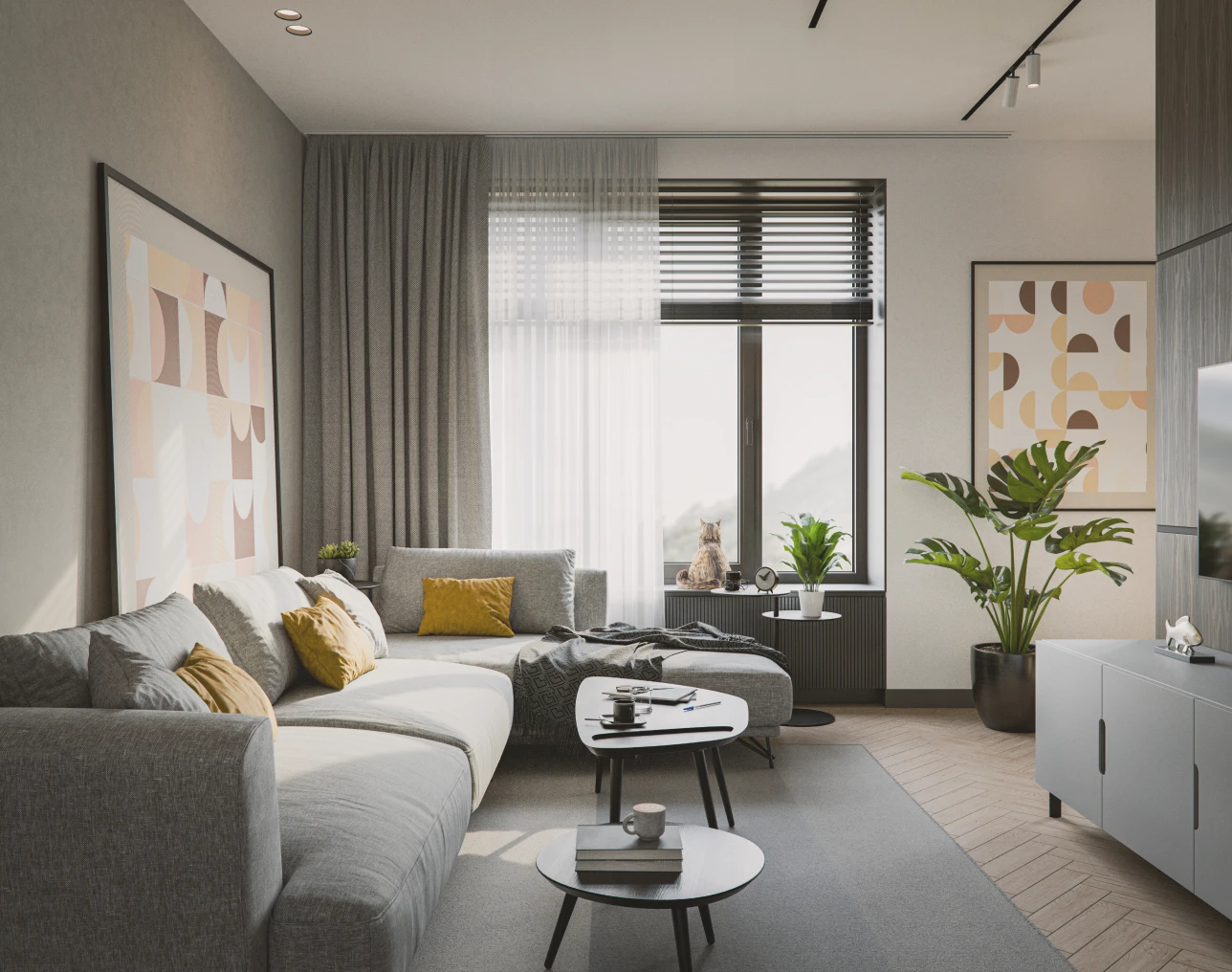 Modern living room with gray sectional sofa.