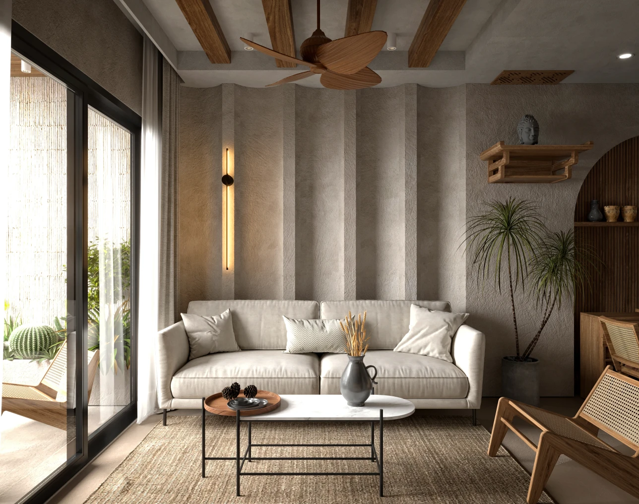Modern living room with beige furniture.