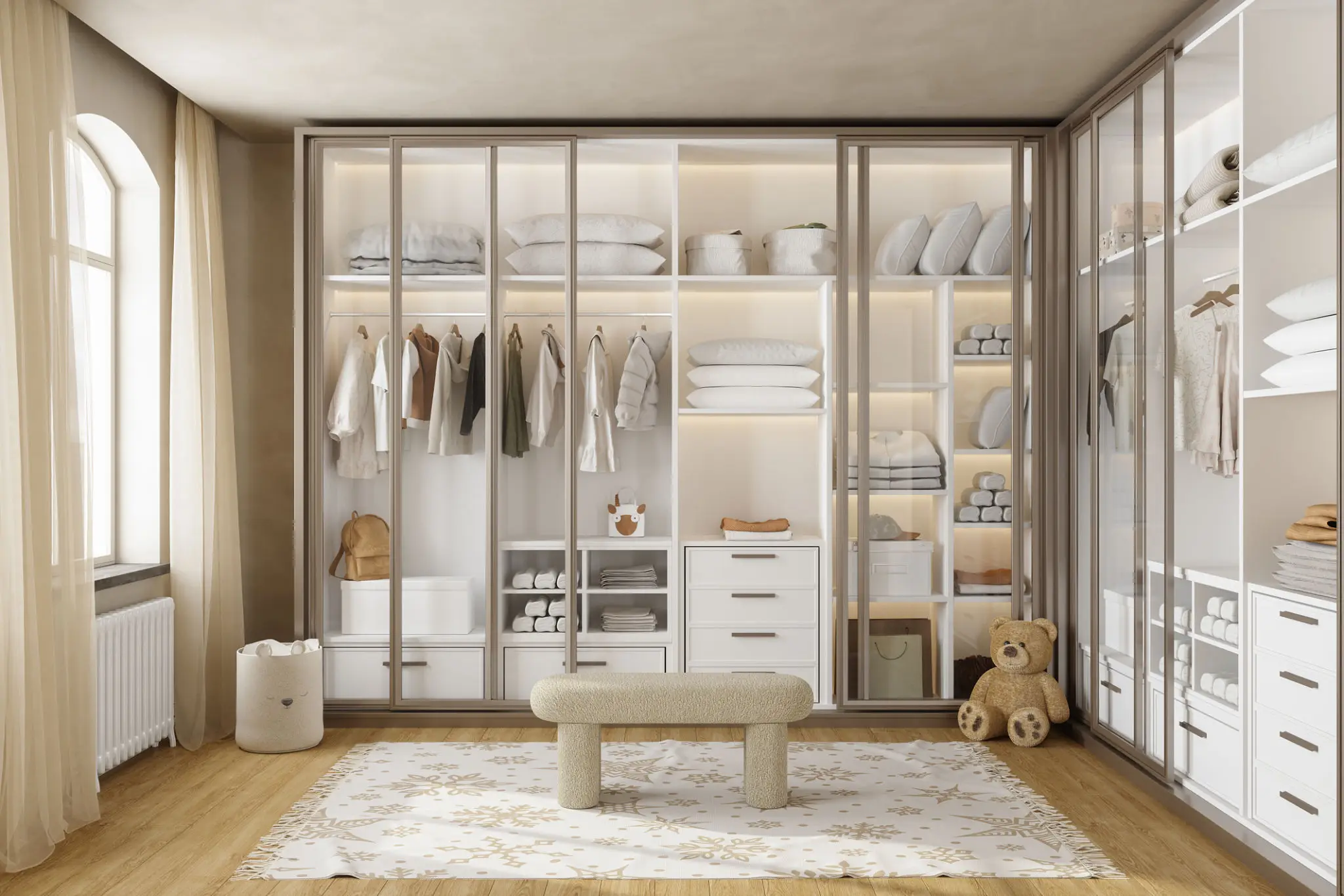 Modern wardrobe with clothes and shelves organized.