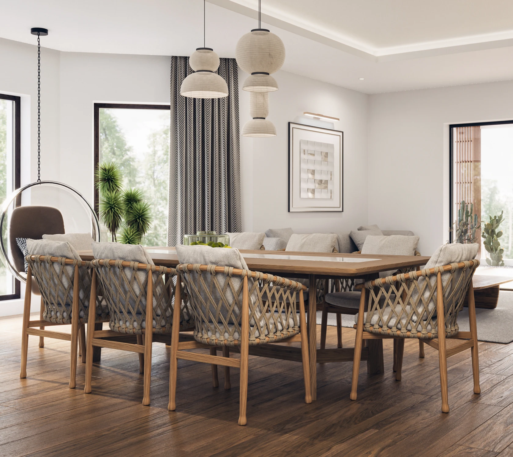 Modern dining room with wooden furniture.